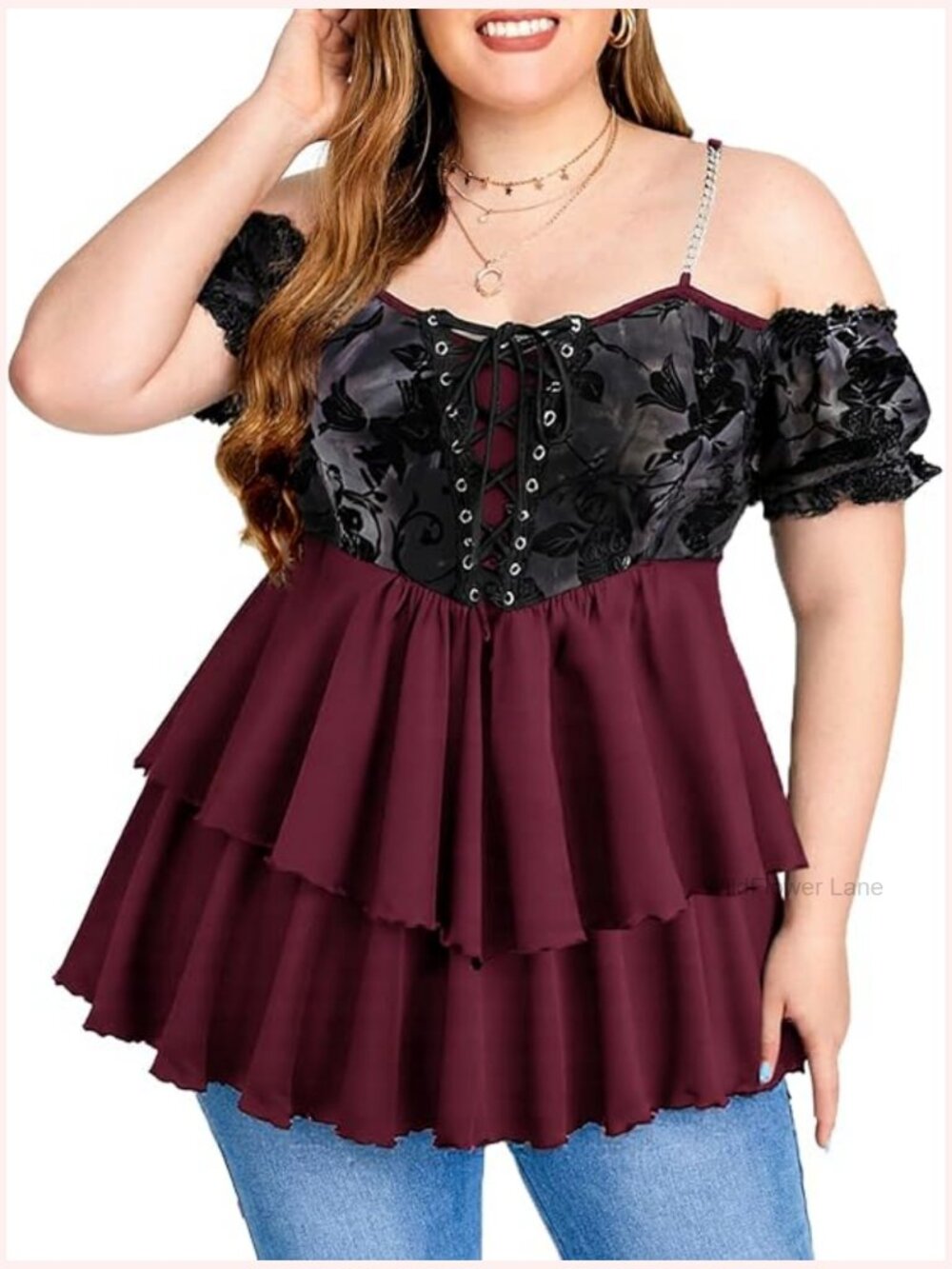 Women Plus Size Cold Shoulder Tunic Top Floral Flocking Lace-up Layered T-Shirt